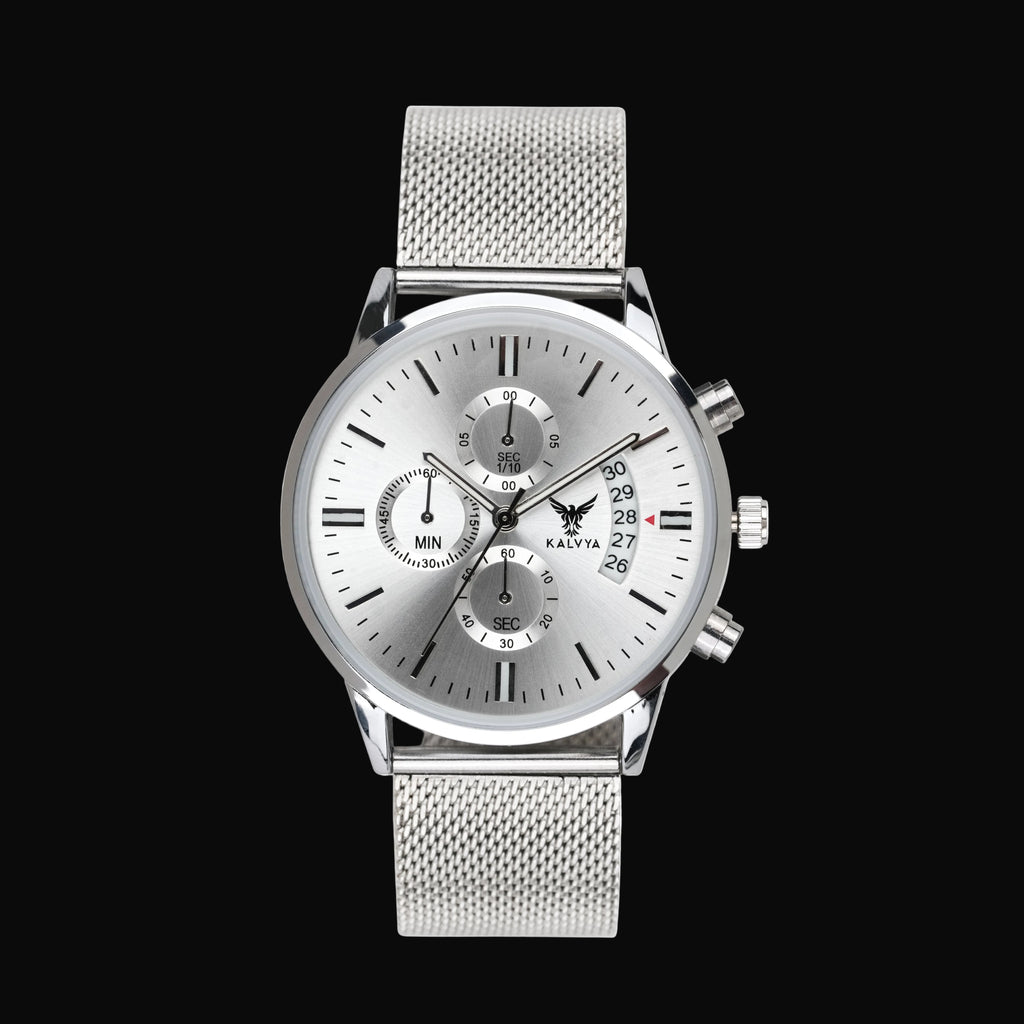 Kalvya Imperial Silver Chronograph Watch for Men with Stainless Steel Mesh Strap and Date Display