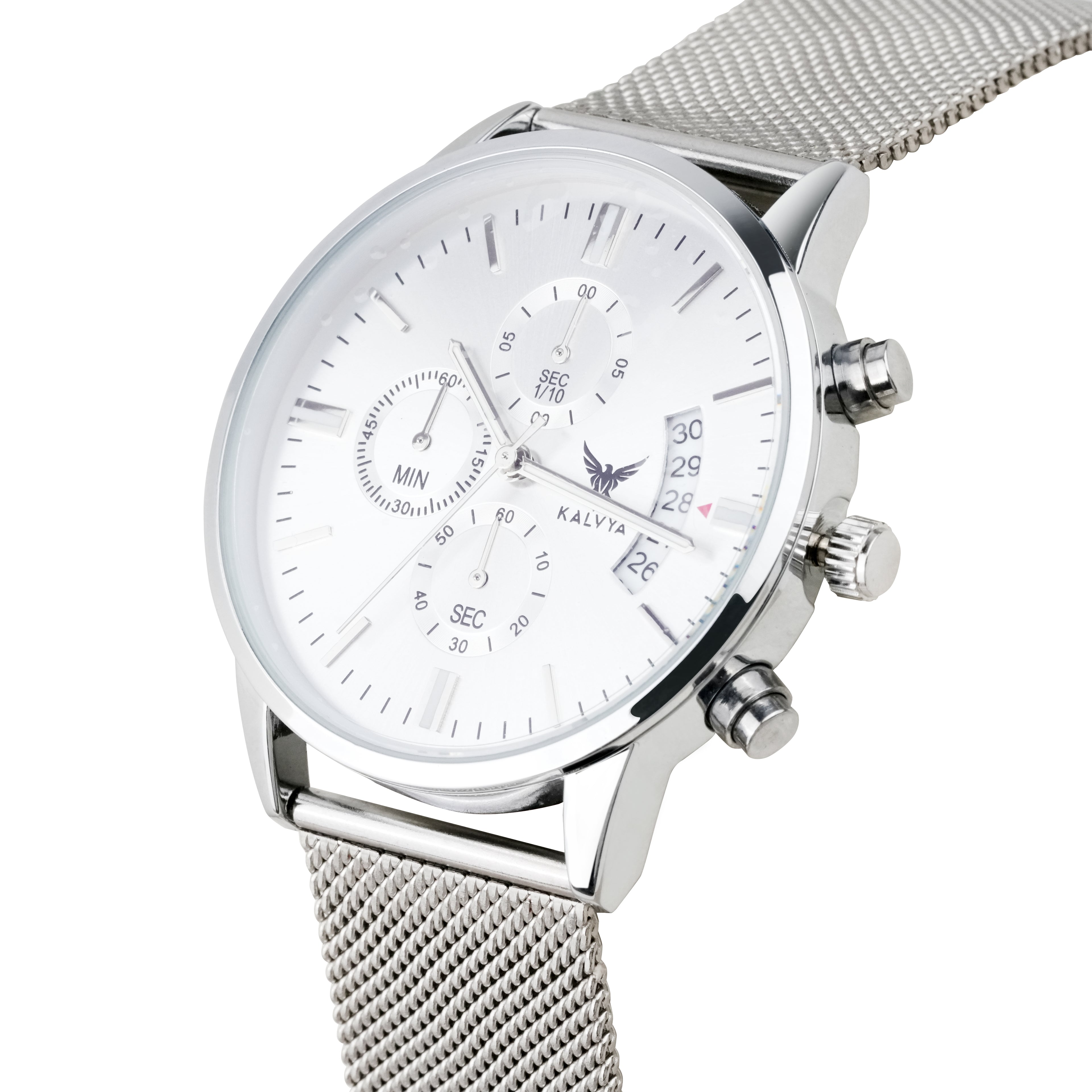 Kalvya Silver Chronograph Quartz Watch Side View Stainless Steel Case