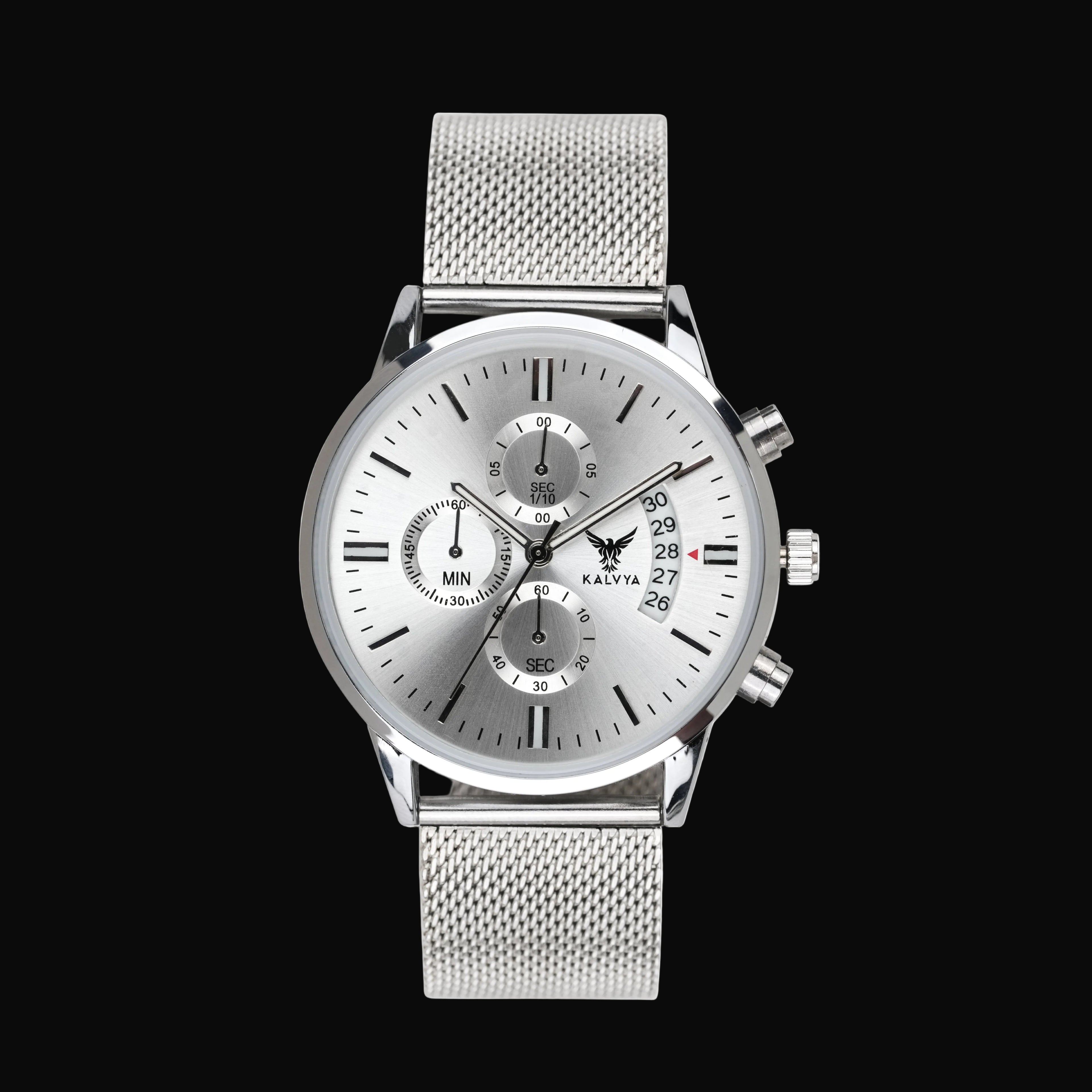 Kalvya Imperial Silver Chronograph Watch for Men with Stainless Steel Mesh Strap and Date Display