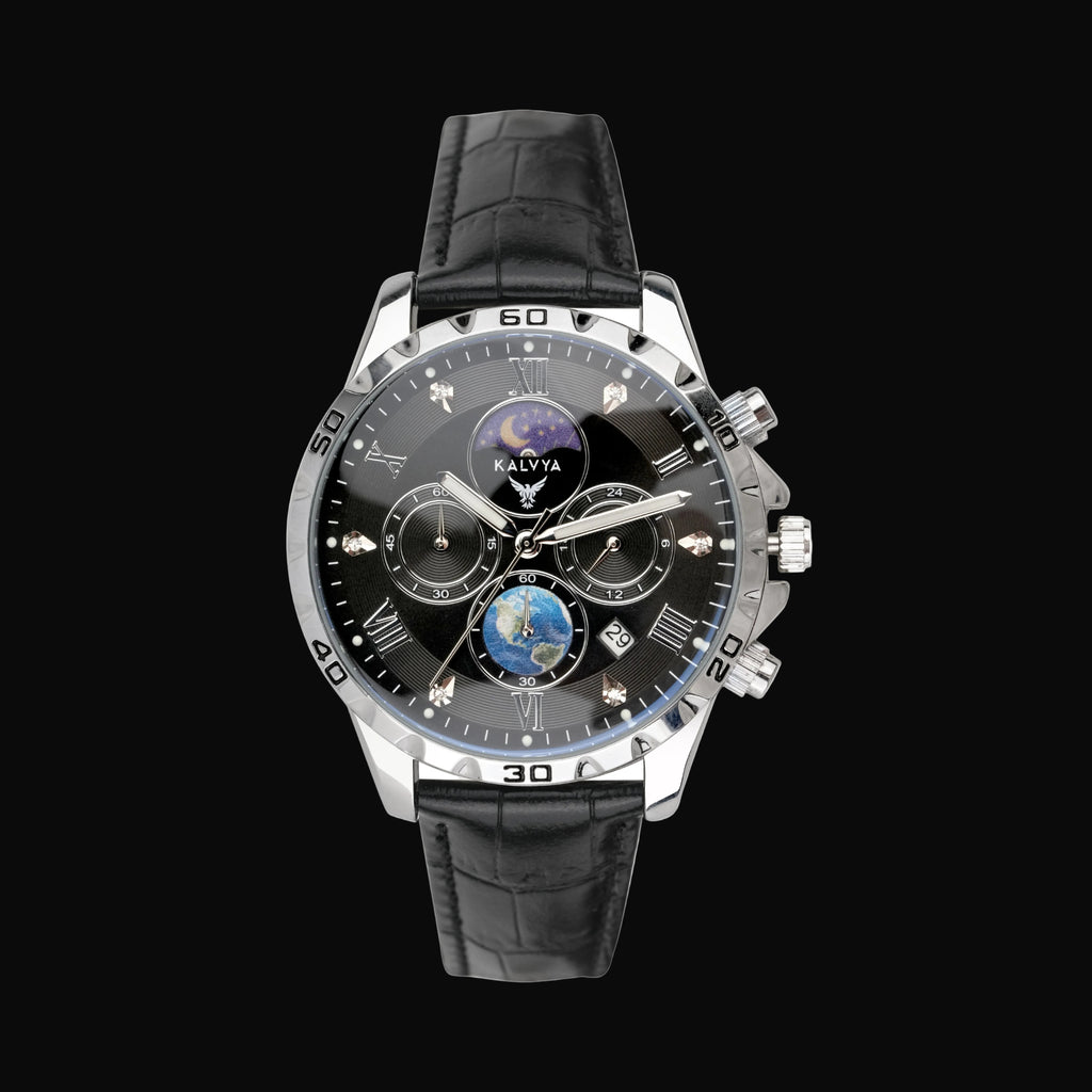 Kalvya Celestial Black Chronograph Watch for Men Black Leather Strap