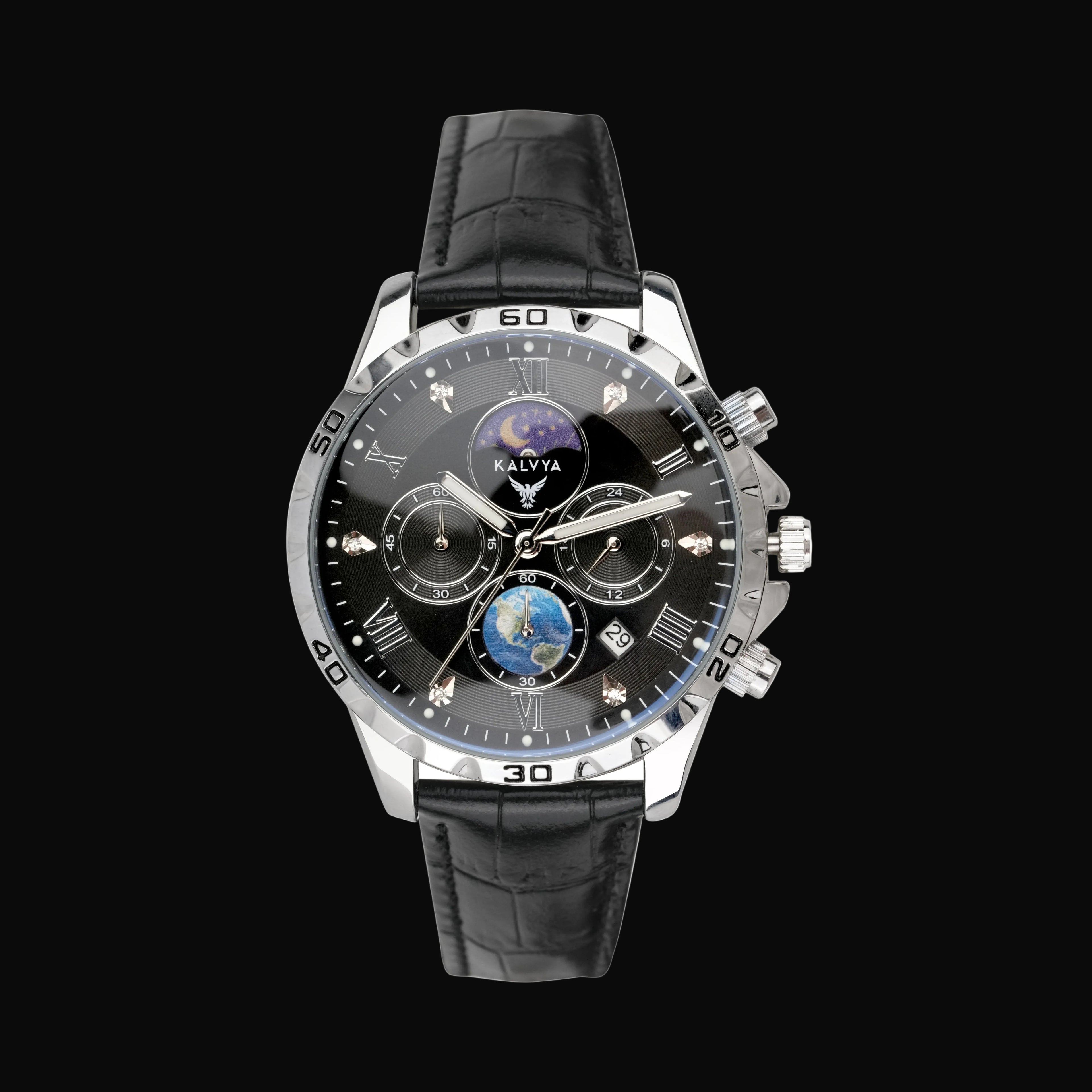 Kalvya Celestial Black Chronograph Watch for Men Black Leather Strap