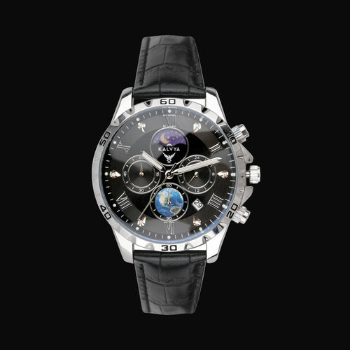 Kalvya Celestial Black Chronograph Watch for Men Black Leather Strap