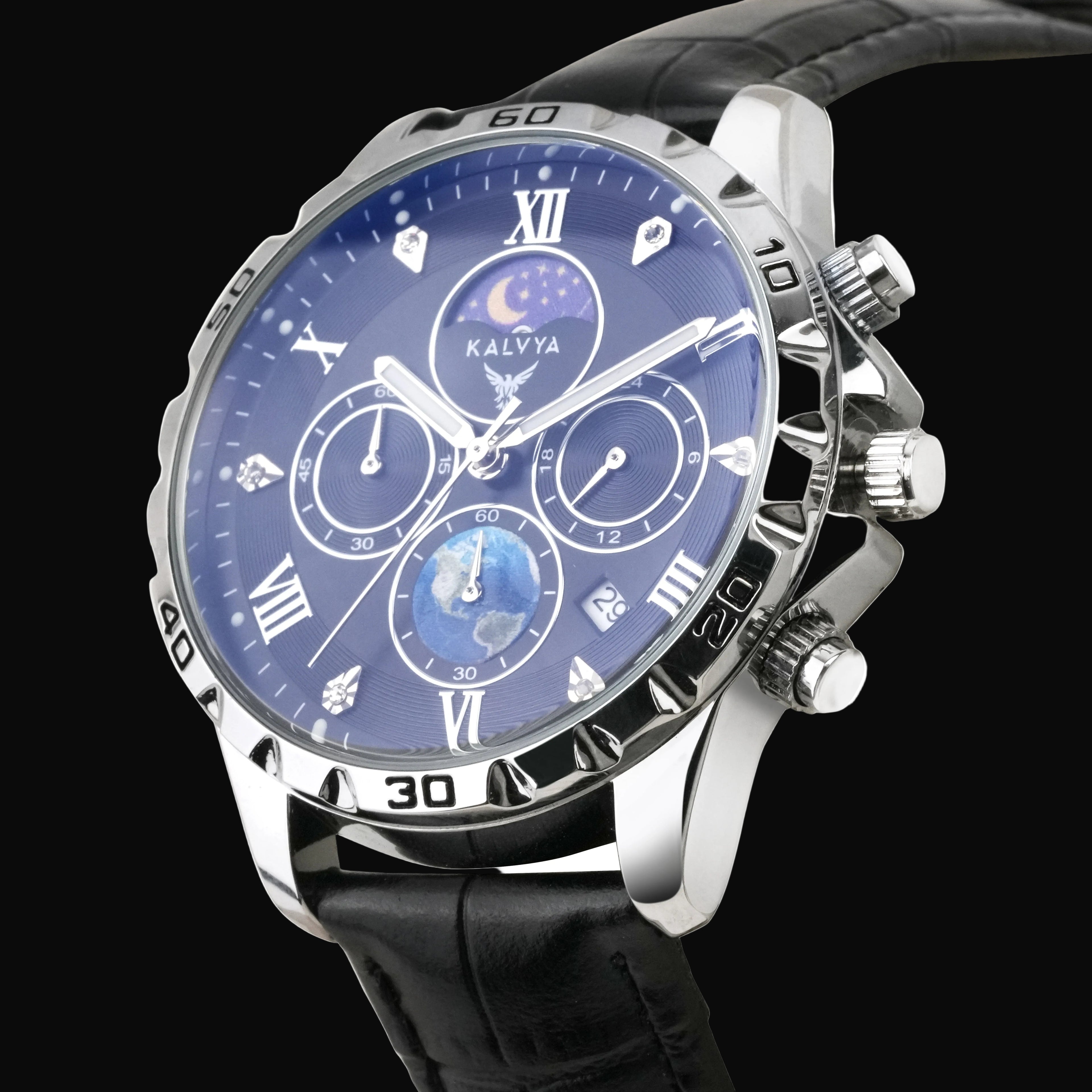 Luxury Black Chronograph Watch Leather Strap