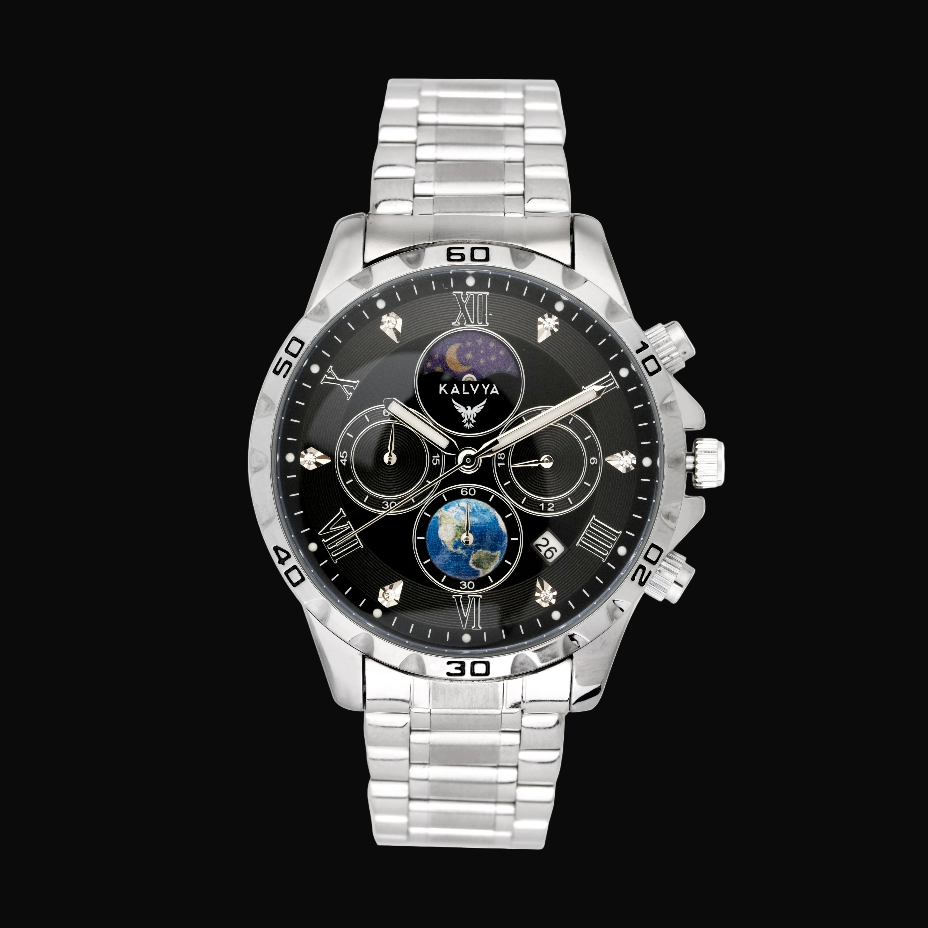 Kalvya Celestial Black Chronograph Watch for Men Stainless Steel Bracelet