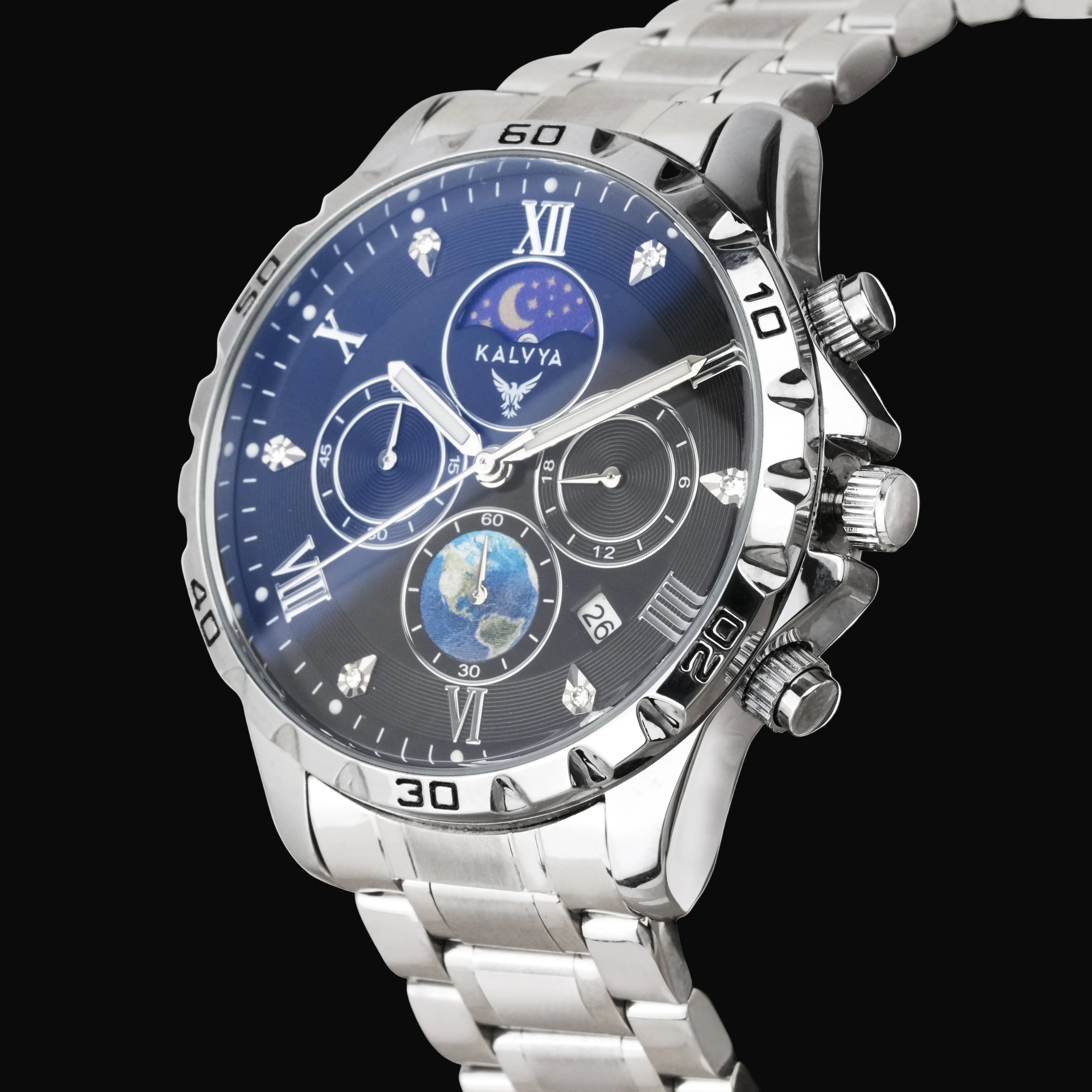 Luxury Black Chronograph Watch Stainless Steel Strap