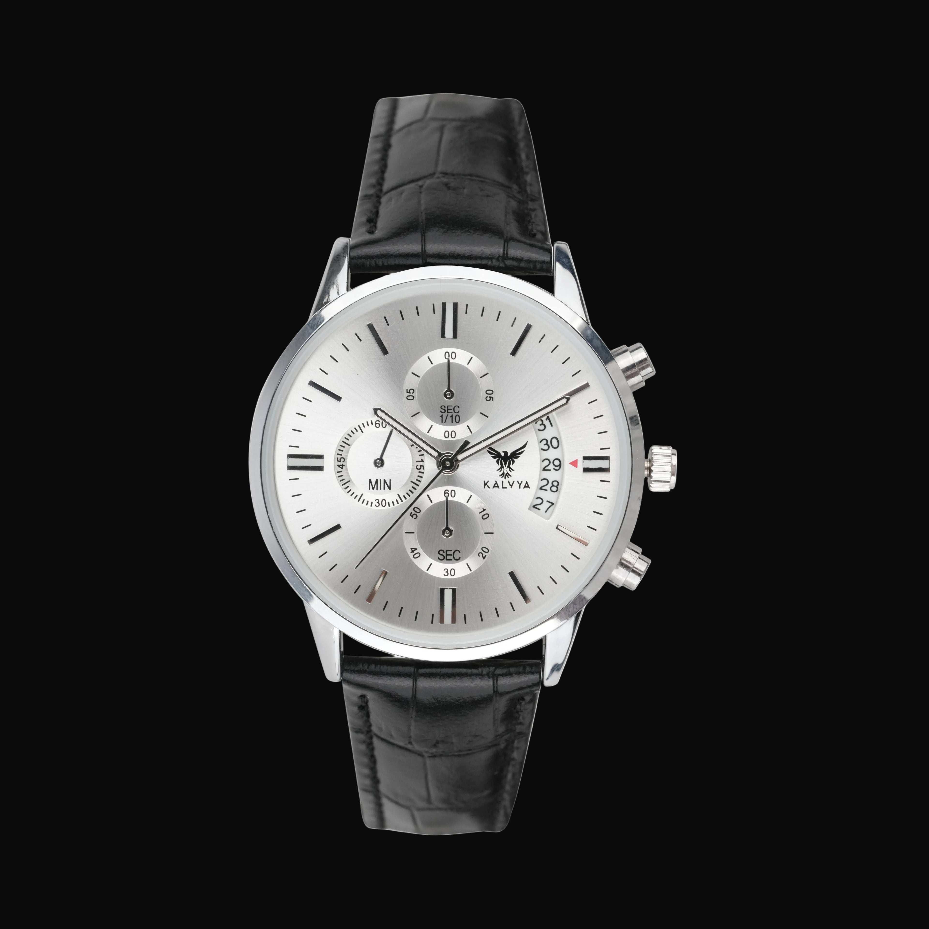 Kalvya Silver Chronograph Watch for Men with Black Leather Strap