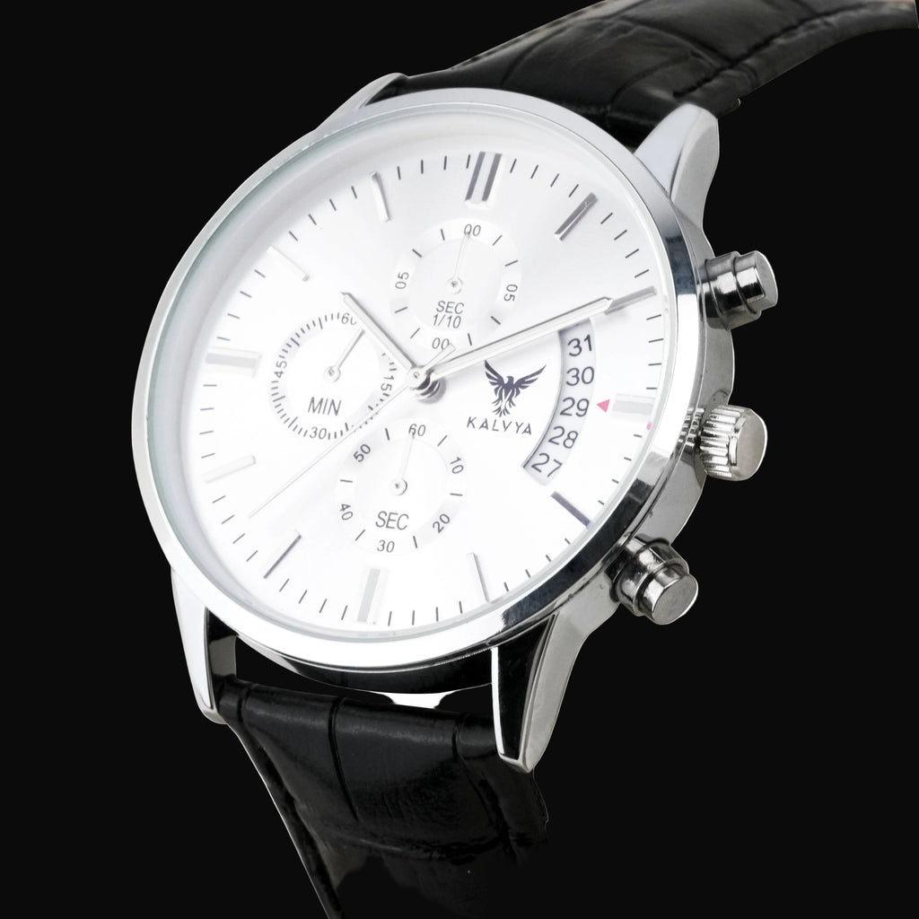 Luxury Chronograph Watch for Men Silver Dial Black Strap