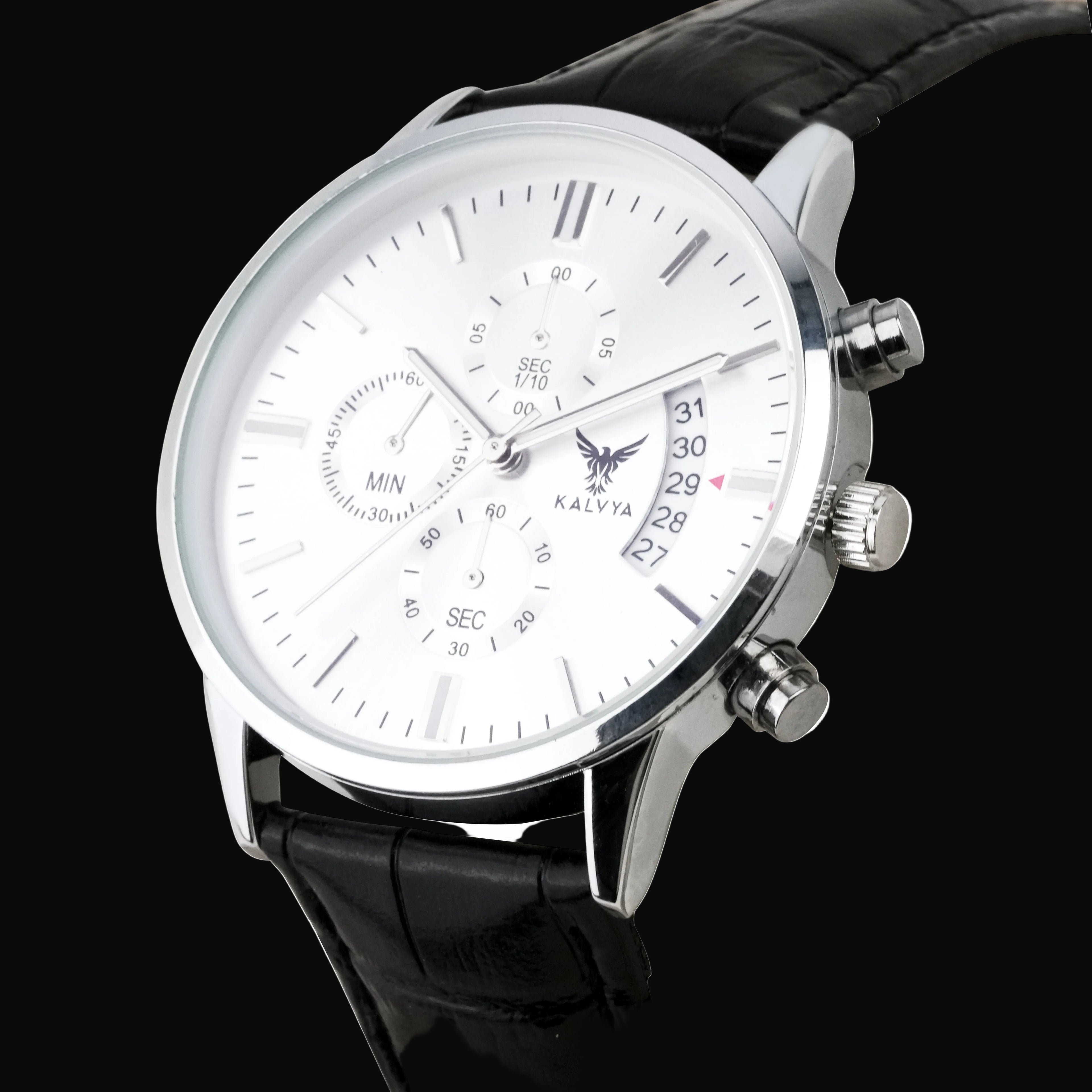 Luxury Chronograph Watch for Men Silver Dial Black Strap