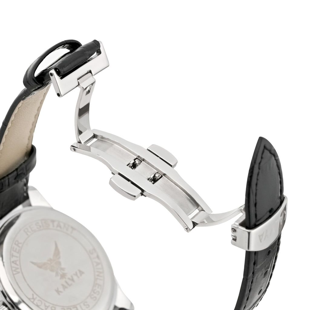 Kalvya Imperial Silver Chronograph Watch for Men – Black Leather Strap