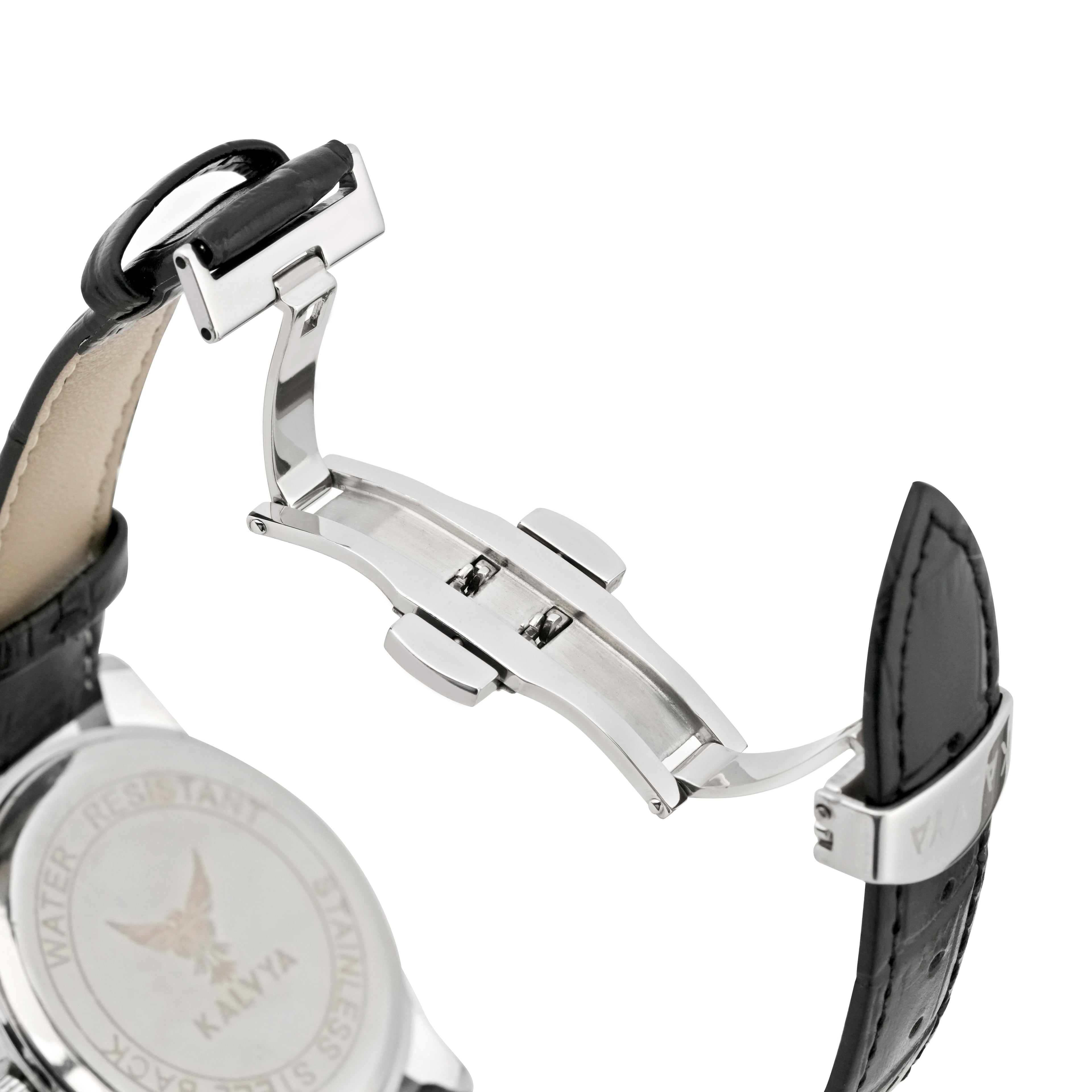 Kalvya Imperial Silver Chronograph Watch for Men – Black Leather Strap