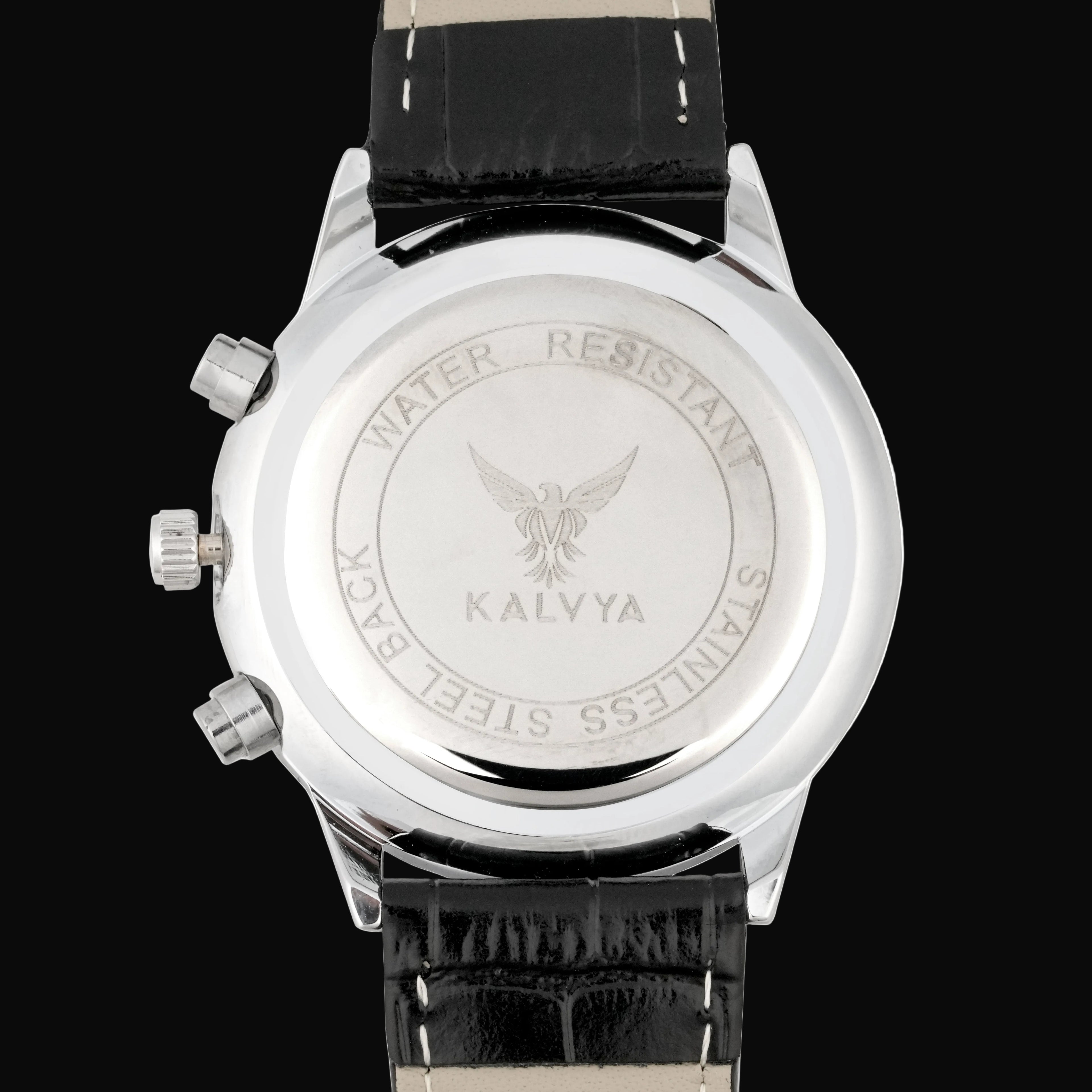 Kalvya Imperial Silver Chronograph Watch for Men – Black Leather Strap
