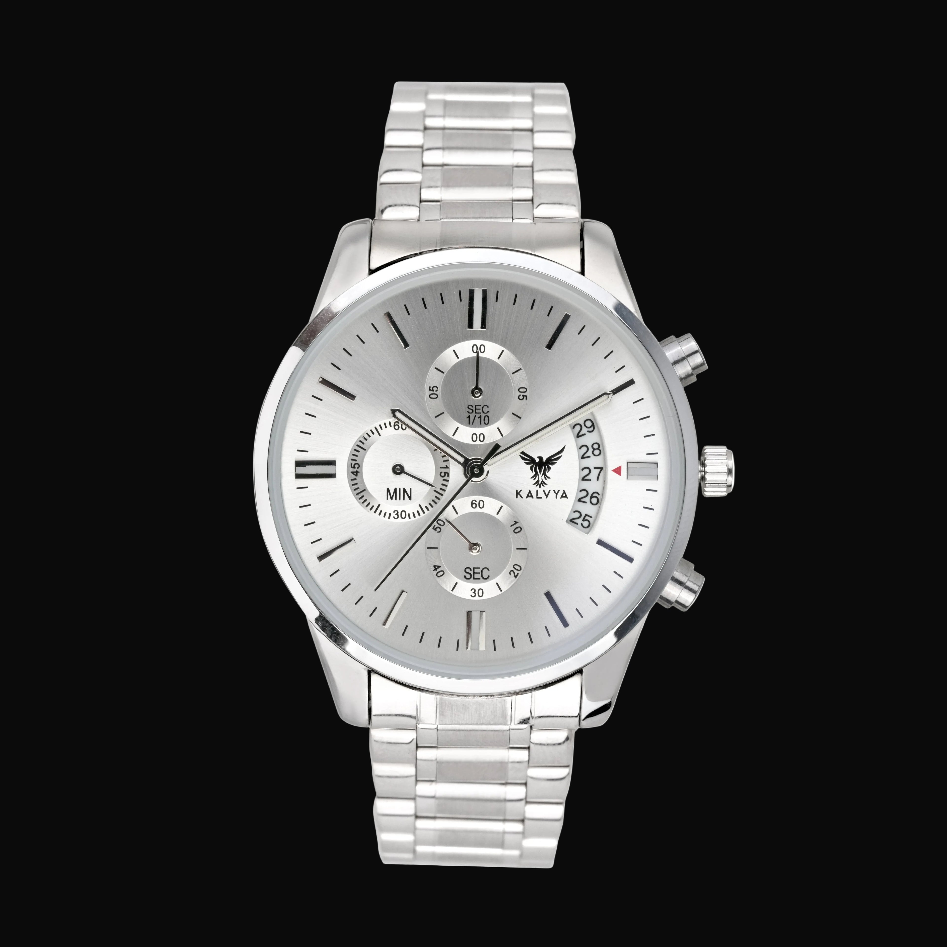 Kalvya Imperial Silver Chronograph Watch for Men Stainless Steel Bracelet